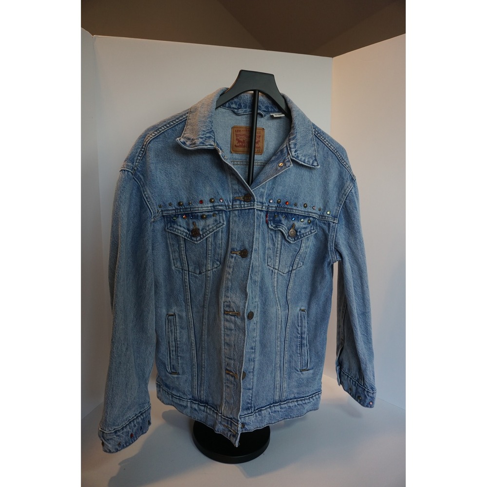 Levis Womens Light Wash Studded Denim Trucker Jacket XS Blue Embellished Star